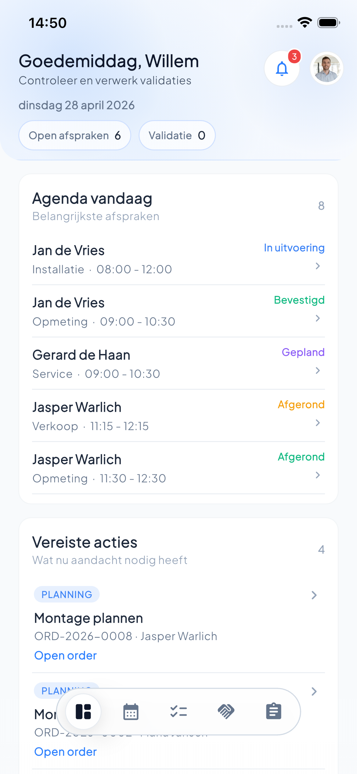 Mobiel dashboard met dagplanning