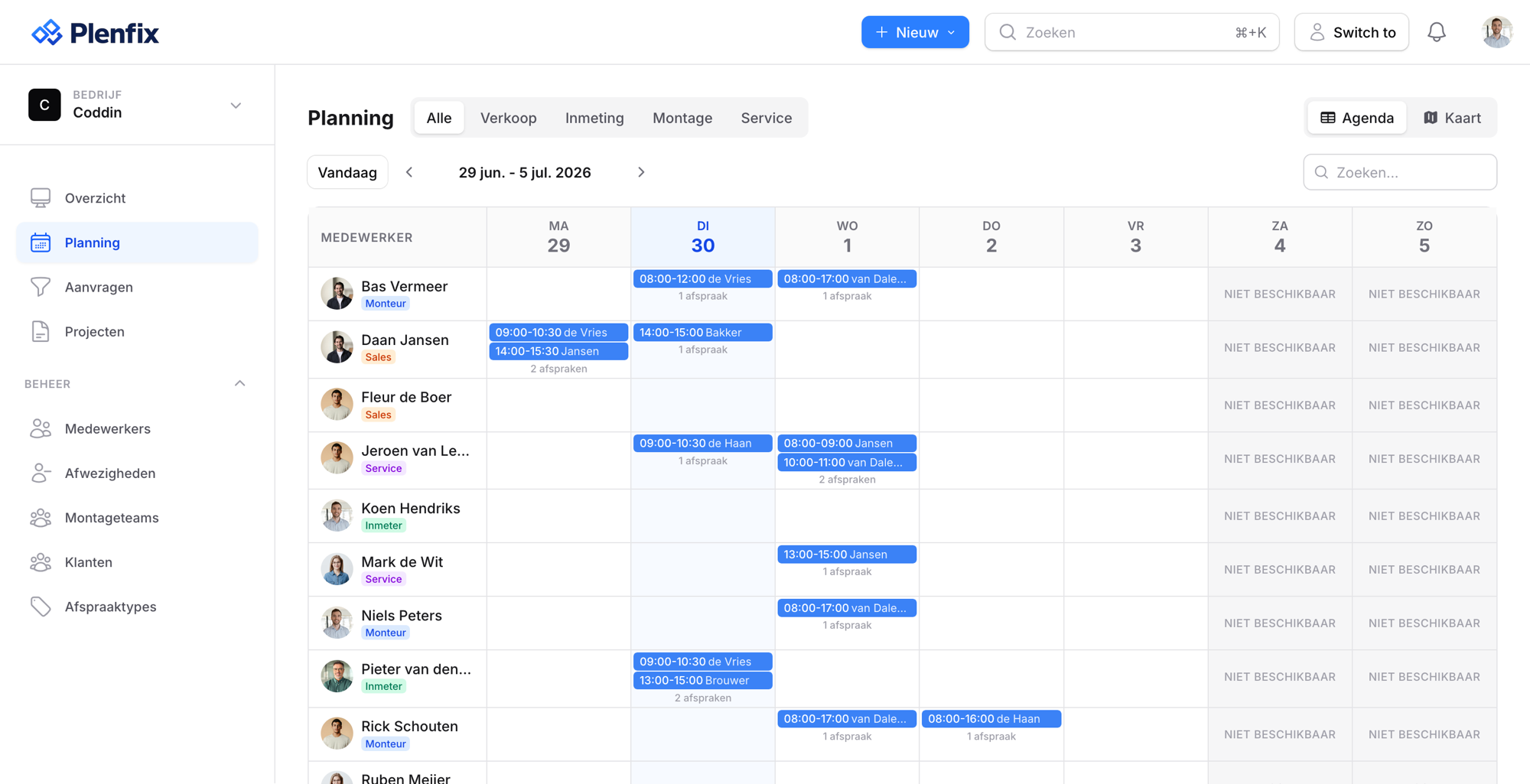 Plenfix portal planningsoverzicht